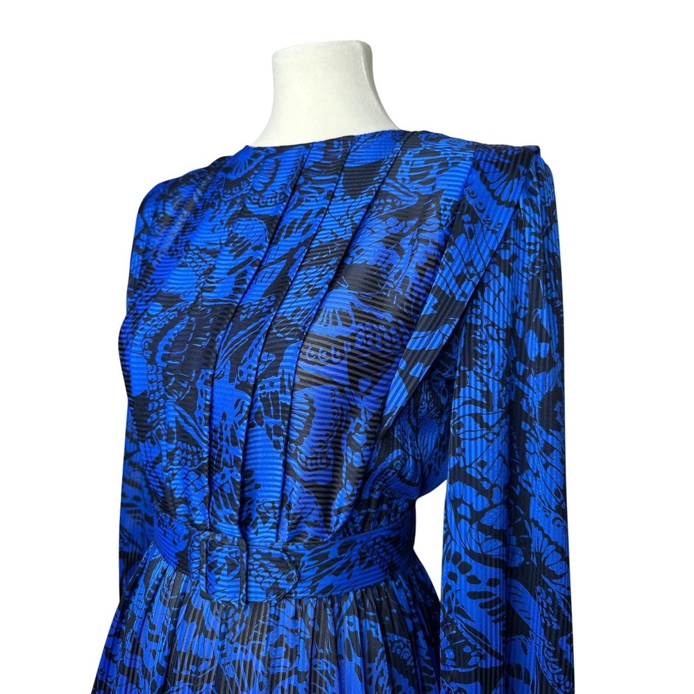 Jonathan Martin Vintage 80's Blue Butterfly Print Pleated Midi Dress Long Sleeve